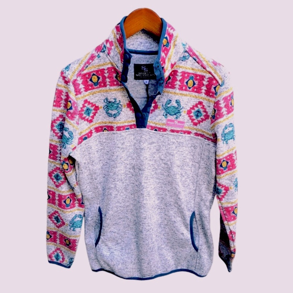 {NWT} Simply Southern Southwestern Aztec 1/4 Snap Button Gray Fleece S